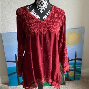 Johnny Was Red Embellished Long Sleeve Tunic